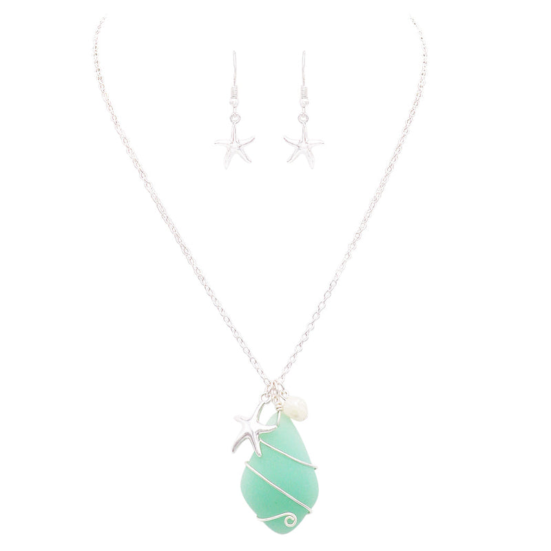Sea Glass with Starfish and Fresh Water Pearl Charms Pendant Necklace and Earring Set