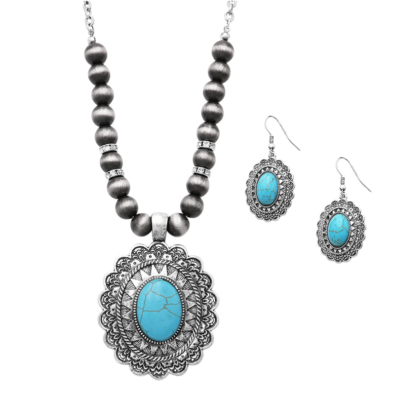 Cowgirl Chic Western Style Statement Concho Howlite Stone Pendant Necklace Earrings Set, 18"-21" with 3" Extender (Turquoise Howlite Silver Tone)