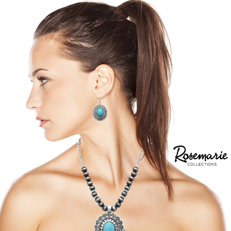 Cowgirl Chic Western Style Statement Concho Howlite Stone Pendant Necklace Earrings Set, 18"-21" with 3" Extender (Turquoise Howlite Silver Tone)