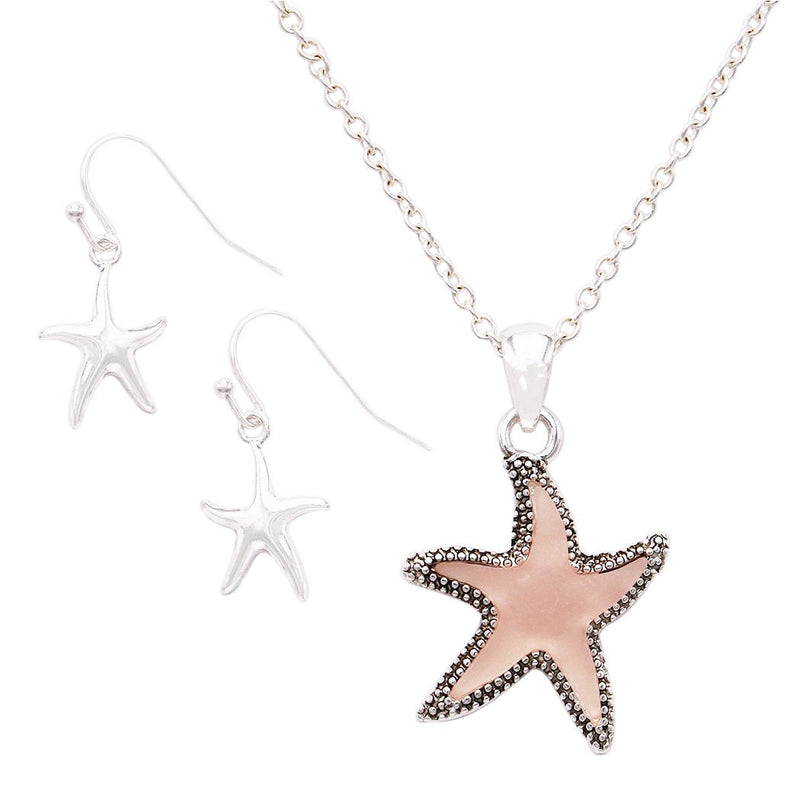 Stunning Pink Sea Glass Starfish Pendant Necklace and Earring Jewelry Gift Set 22" with 3"Extender