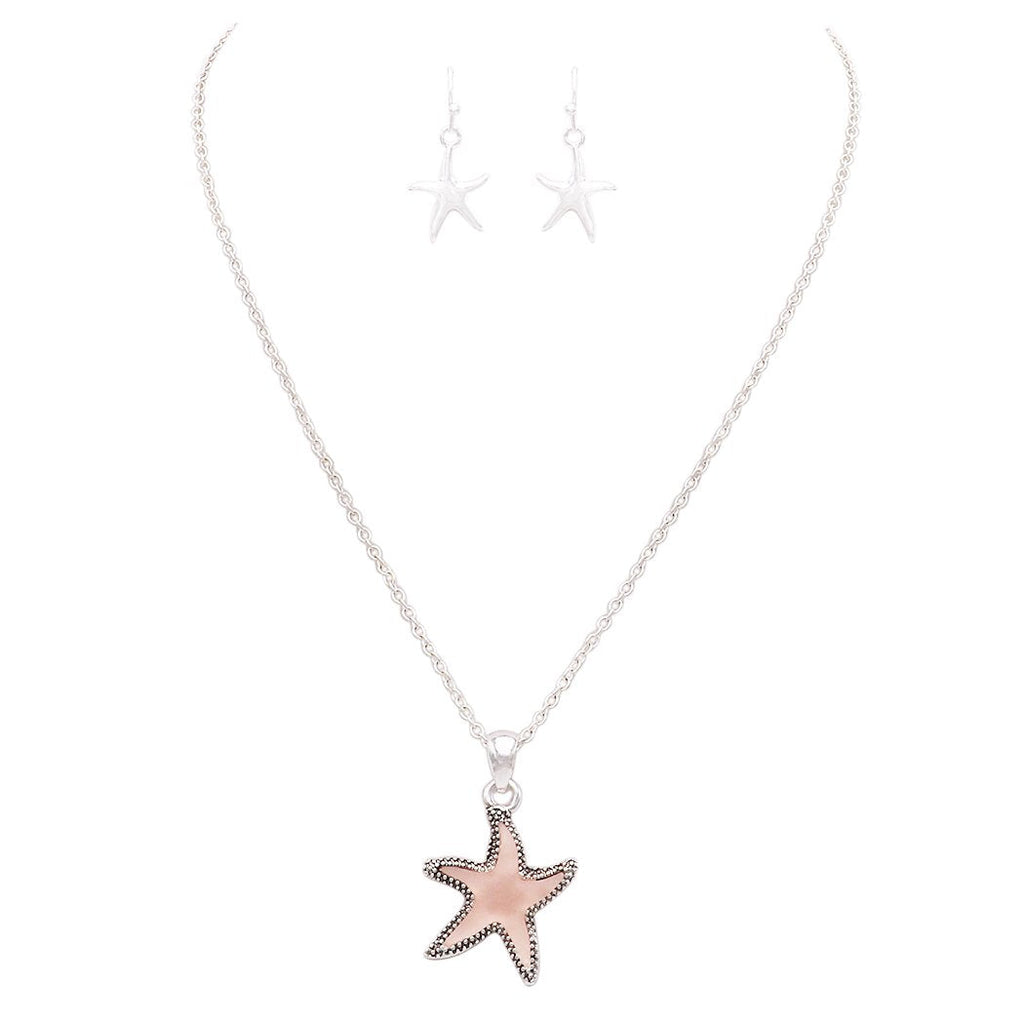 Stunning Pink Sea Glass Starfish Pendant Necklace and Earring Jewelry Gift Set 22" with 3"Extender