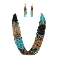 Stunning Multi-Strand Cascading Seed Bead Statement Bohemian Necklace Fringe Earrings Set, 24"-27" with 3" Extender
