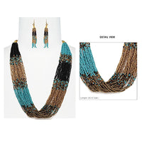 Stunning Multi-Strand Cascading Seed Bead Statement Bohemian Necklace Fringe Earrings Set, 24"-27" with 3" Extender