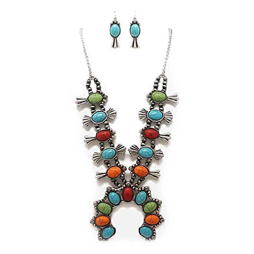 Statement Western Howlite Squash Blossom Necklace Earrings Set, 27"-30" with 3" Extension (Multicolored)