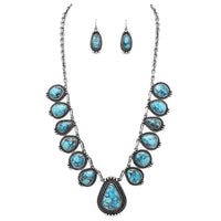 Statement Southwestern Bohemian Style Natural Dyed Semi Precious Howlite Stone Necklace and Earrings Set, 27-30" with 3" Extender (Turquoise)