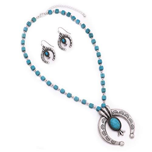 Unique South Western Cowgirl Chic Square Natural Howlite Squash Blossom Necklace Earrings Set, 18"-21" with 3" Extension