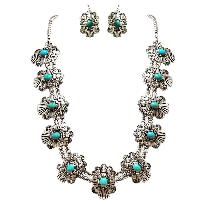 Unique Western Turquoise Howlite Squash Blossom Necklace Earrings Set, 27"+3" Extension
