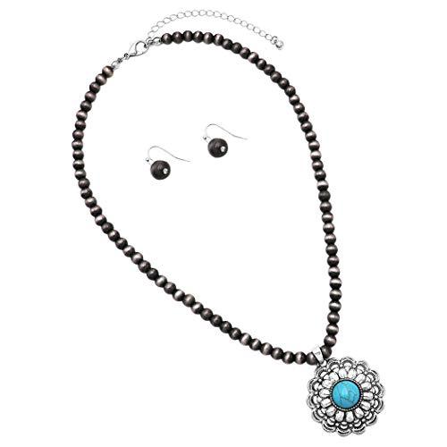 Cowgirl Chic South Western Style Natural Howlite Medallion Pendant Necklace Earrings Set, 18"-21" with 3" Extension (Turquoise)