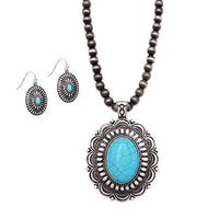 Cowgirl Chic South West Style Large Concho Medallion With Natural Turquoise Howlite Pendant Extra Long Necklace Earrings Set, 33"-36" with 3" Extender