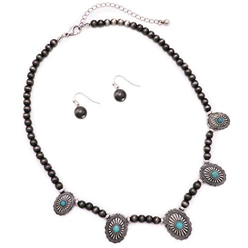 Western Style Metallic Beads With Turquoise Howlite Semi Precious Stones In Silver Tone Conchos Necklace Earrings Set, 18"-21" with 3" Extension
