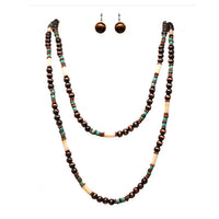 Extra Long Chic Western Metallic Bead Statement Necklace Earrings Set, 60" + 3" Extender (Metallic Copper With Turquoise Beads)
