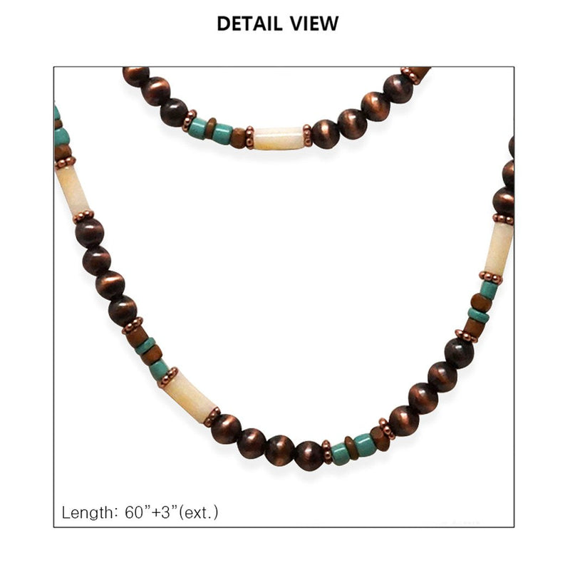 Extra Long Chic Western Metallic Bead Statement Necklace Earrings Set, 60" + 3" Extender (Metallic Copper With Turquoise Beads)