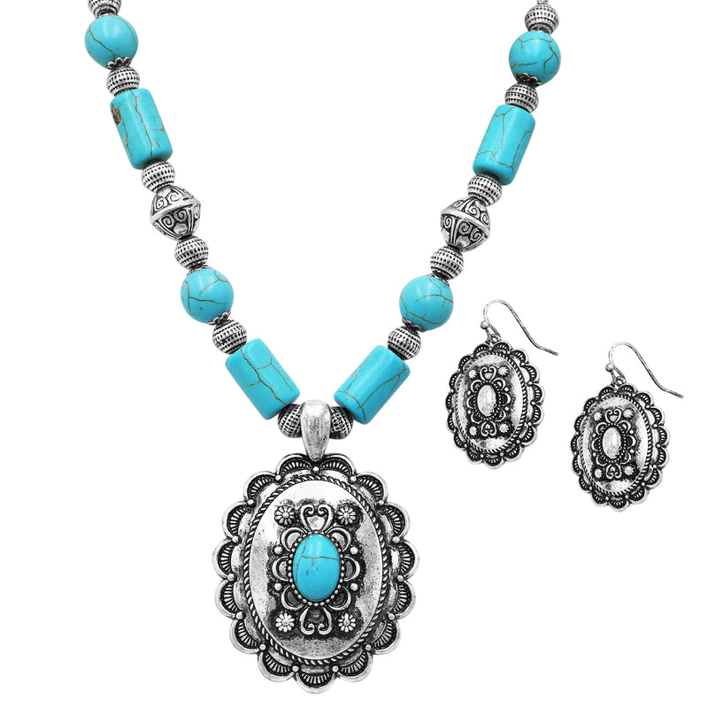 Unique Western Cowgirl Chic Statement Pendant Turquoise Howlite Bead Necklace Earrings Set, 18"+3" Extension (Concho Medallion)