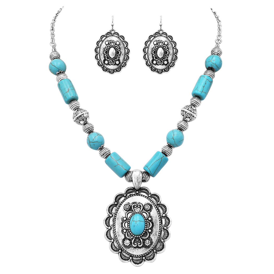 Unique Western Cowgirl Chic Statement Pendant Turquoise Howlite Bead Necklace Earrings Set, 18"+3" Extension (Concho Medallion)