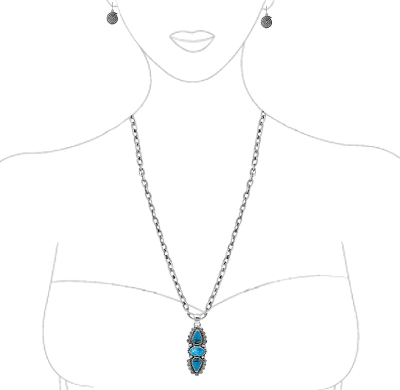 Cowgirl Glamor Western Style Turquoise Natural Howlite Stone Statement Necklace Earrings Gift Set, 24"+3" Extender