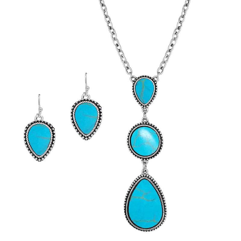 Stunning Western Semi Precious Turquoise Howlite Stone Y-Drop Pendant Necklace Earring Set, 18"+3" Extender