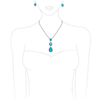 Stunning Western Semi Precious Turquoise Howlite Stone Y-Drop Pendant Necklace Earring Set, 18"+3" Extender