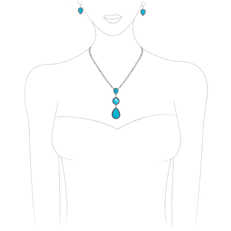 Stunning Western Semi Precious Turquoise Howlite Stone Y-Drop Pendant Necklace Earring Set, 18"+3" Extender