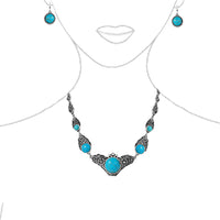 Vintage Western Style Decorative Flower Framed Turquoise Howlite Stone Necklace Earrings Gift Set, 17"+3" Extender