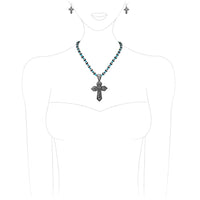 Cowgirl Chic Statement Christian Cross Pendant On South Western Metallic Pearl And Semi Precious Howlite Stone Beaded Necklace Earrings Gift Set,18"+3" Extension