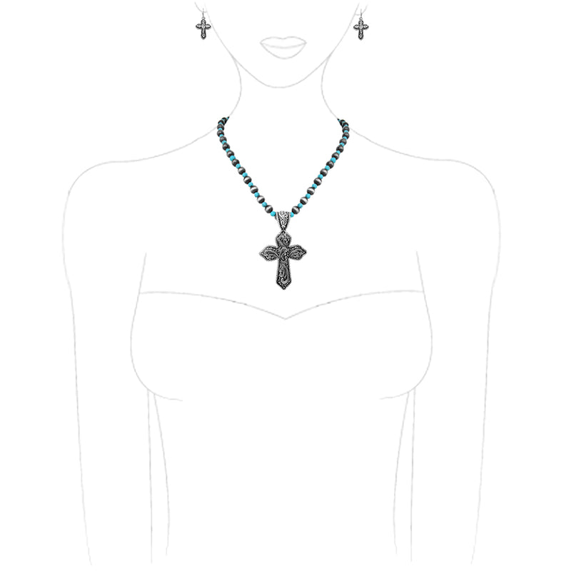 Cowgirl Chic Statement Christian Cross Pendant On South Western Metallic Pearl And Semi Precious Howlite Stone Beaded Necklace Earrings Gift Set,18"+3" Extension