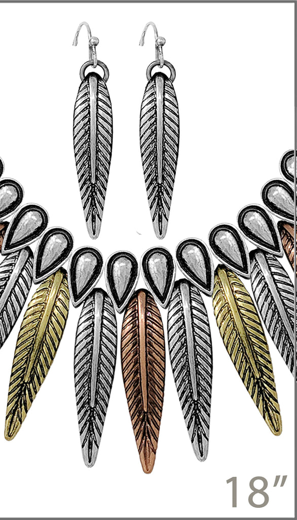 Cowgirl Chic Western Mixed Metal Feather Necklace Earrings Set, 18"+3" Extender