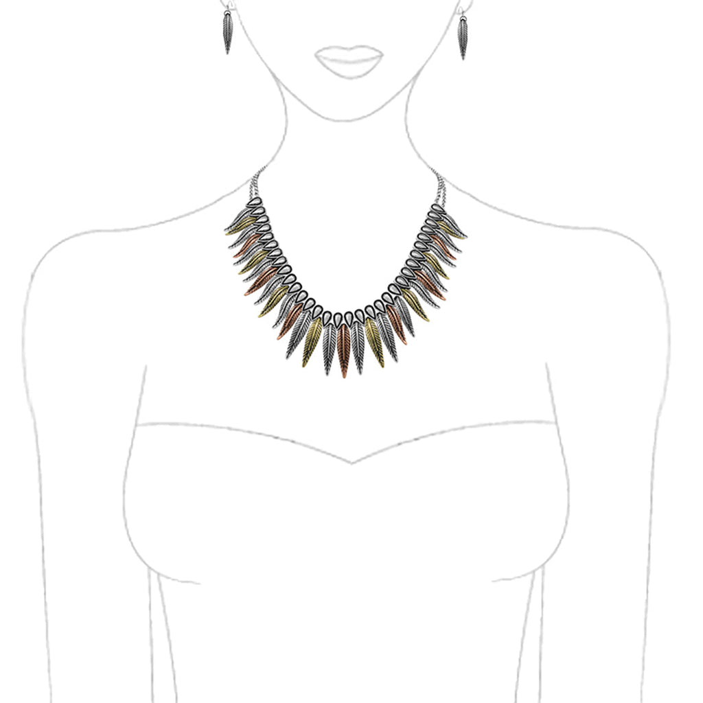 Cowgirl Chic Western Mixed Metal Feather Necklace Earrings Set, 18"+3" Extender