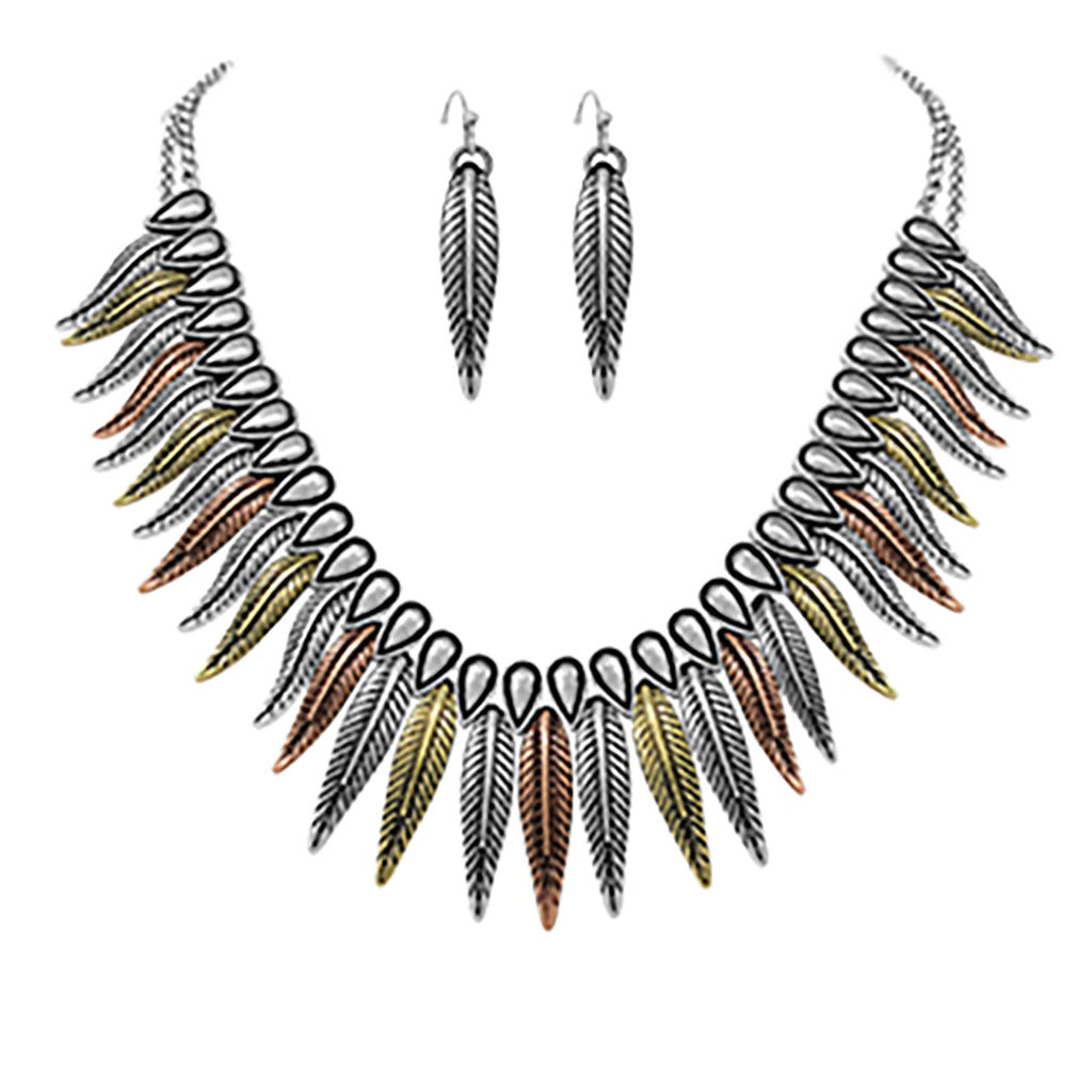 Cowgirl Chic Western Mixed Metal Feather Necklace Earrings Set, 18"+3" Extender
