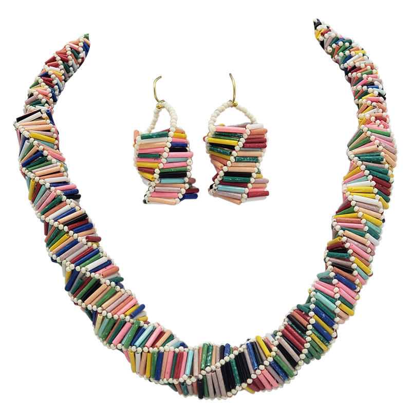 Statement Geometric Rainbow Seed Bead Necklace And Earrings Gift Set, 18"+ 3" Extender