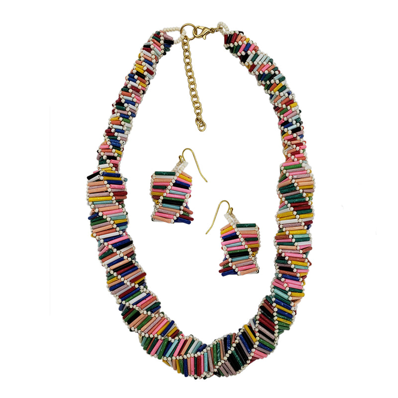 Statement Geometric Rainbow Seed Bead Necklace And Earrings Gift Set, 18"+ 3" Extender