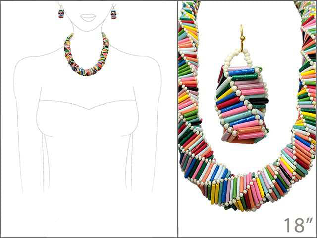 Statement Geometric Rainbow Seed Bead Necklace And Earrings Gift Set, 18"+ 3" Extender
