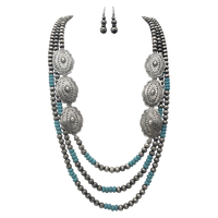 Chic Silver Tone Conchos On Extra Long Multi Strand Western Style Metallic Pearls With Turquoise Howlite Beads Necklace Earrings Set, 30"+3" Extender