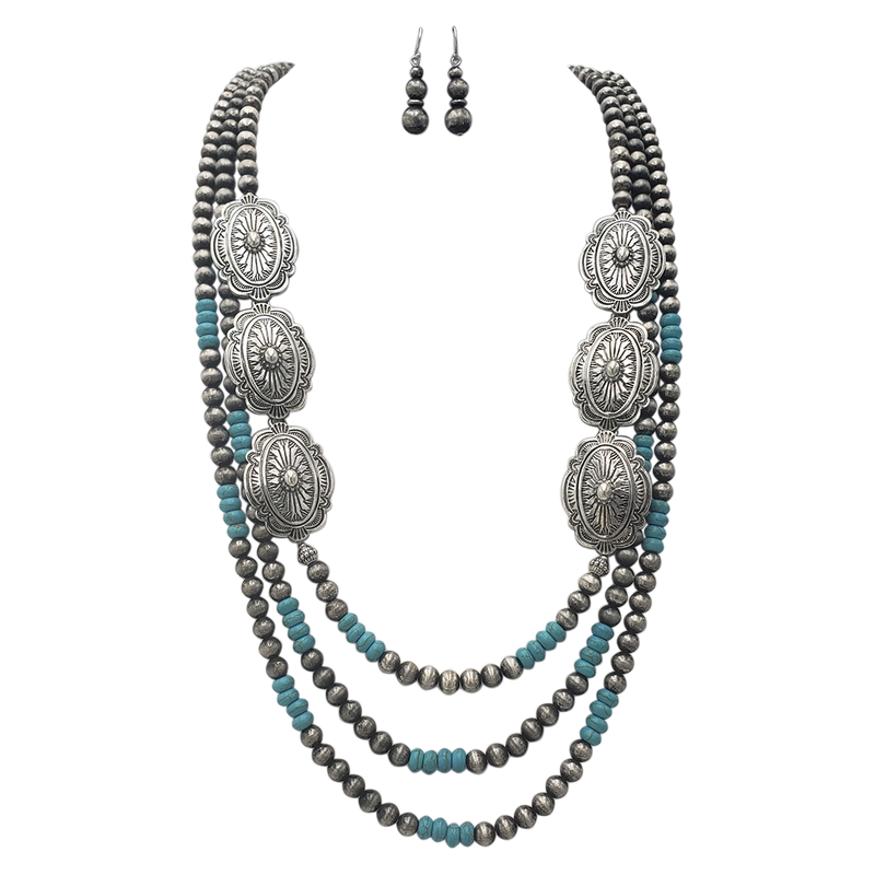 Chic Silver Tone Conchos On Extra Long Multi Strand Western Style Metallic Pearls With Turquoise Howlite Beads Necklace Earrings Set, 30"+3" Extender