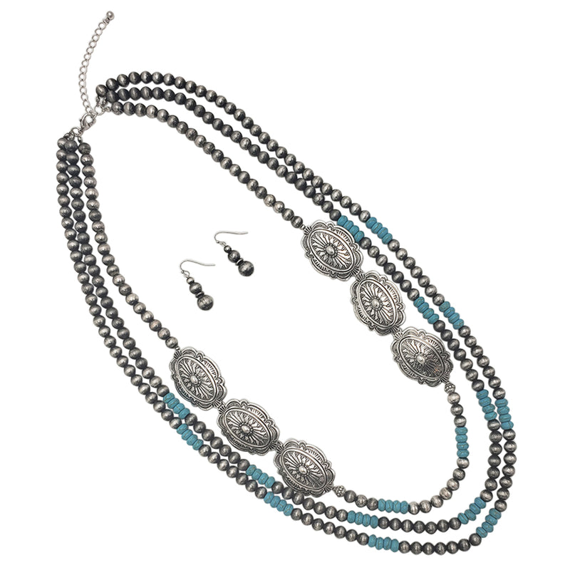 Chic Silver Tone Conchos On Extra Long Multi Strand Western Style Metallic Pearls With Turquoise Howlite Beads Necklace Earrings Set, 30"+3" Extender