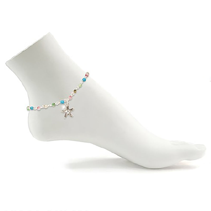 Summer Fun Beaded Chain Ankle Bracelet Starfish Charm Anklet, 9"-11" with 2" Extender (Textured Starfish Beaded Chain)