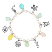 Simulated Pearl With Whimsical Ocean Creatures And Colorful Sea Glass Dangle Charms Stretch Bracelet