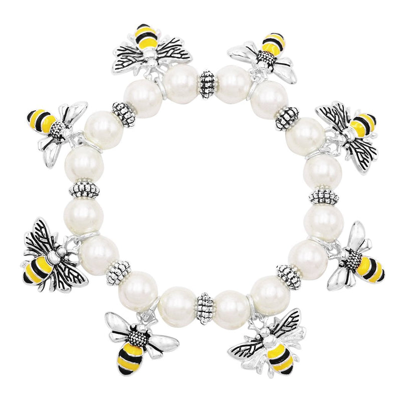 BEEutiful Simulated Pearl And Honey Bee Enamel Charms Stretch Bracelet, 2.5