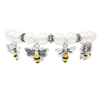 BEEutiful Simulated Pearl And Honey Bee Enamel Charms Stretch Bracelet, 2.5
