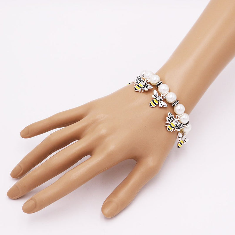 BEEutiful Simulated Pearl And Honey Bee Enamel Charms Stretch Bracelet, 2.5