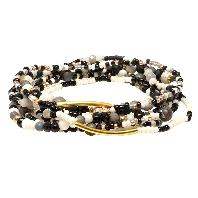 Chic Set Of 7 Stacking Black And White Beaded Stretch Bracelets, 2.25"