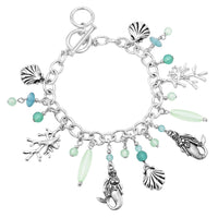 Sea Glass And Multiple Charms Toggle Clasp Bracelet, 7"-8" (Green Sea Glass Mermaid Shell Charms)