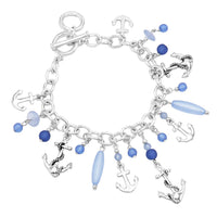 Sea Glass And Multiple Charms Toggle Clasp Bracelet, 7"-8" (Blue Sea Glass Nautical Anchor Charms)