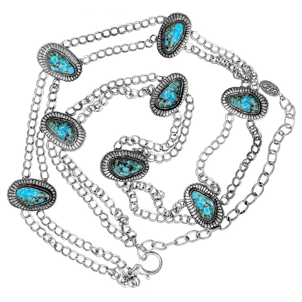 Rosemarie & Jubalee Cowgirl Chic Statement Western Burnished Silver Tone Conchos With Turquoise Howlite Stone On Link Chain Plus Size Belt, 49-59"