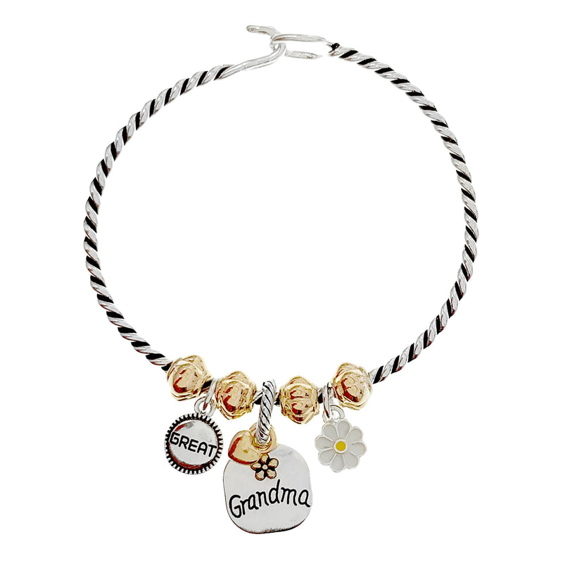 Whimsical Mothers Day Gift Grandma Charms Rope Hook Bangle Bracelet (Two Tone)