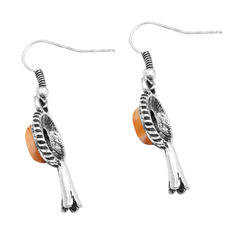 Cowgirl Chic Western Style Howlite Stone Squash Blossom Dangle Earrings, 2" (Orange)