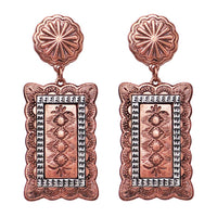 Cowgirl Chic Unique Two Tone Western Textured Rectangular Concho Statement Earrings,2.75" (Copper Tone with Silver Detail)