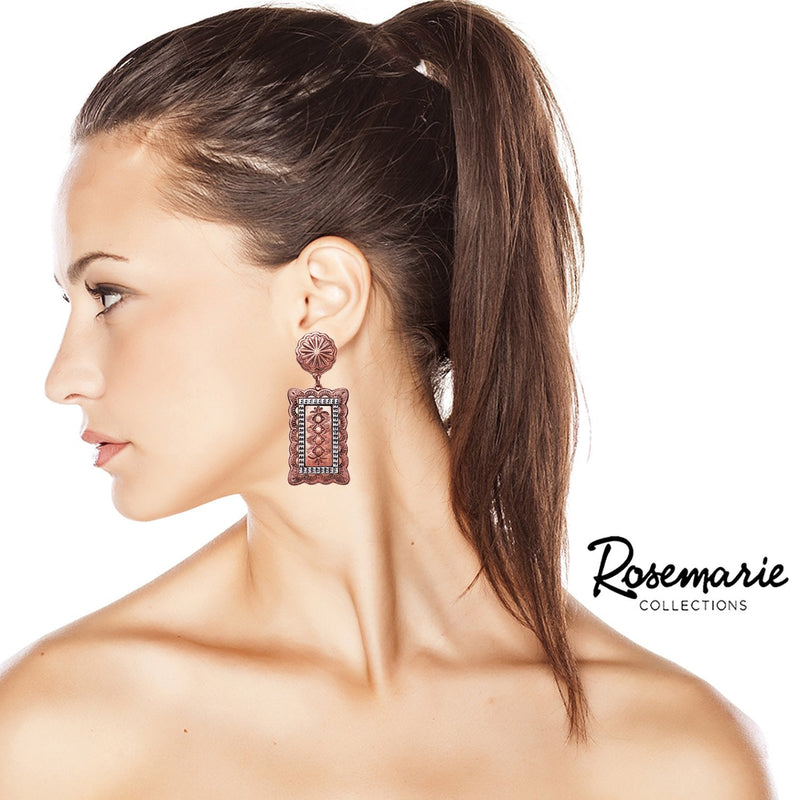 Cowgirl Chic Unique Two Tone Western Textured Rectangular Concho Statement Earrings,2.75" (Copper Tone with Silver Detail)