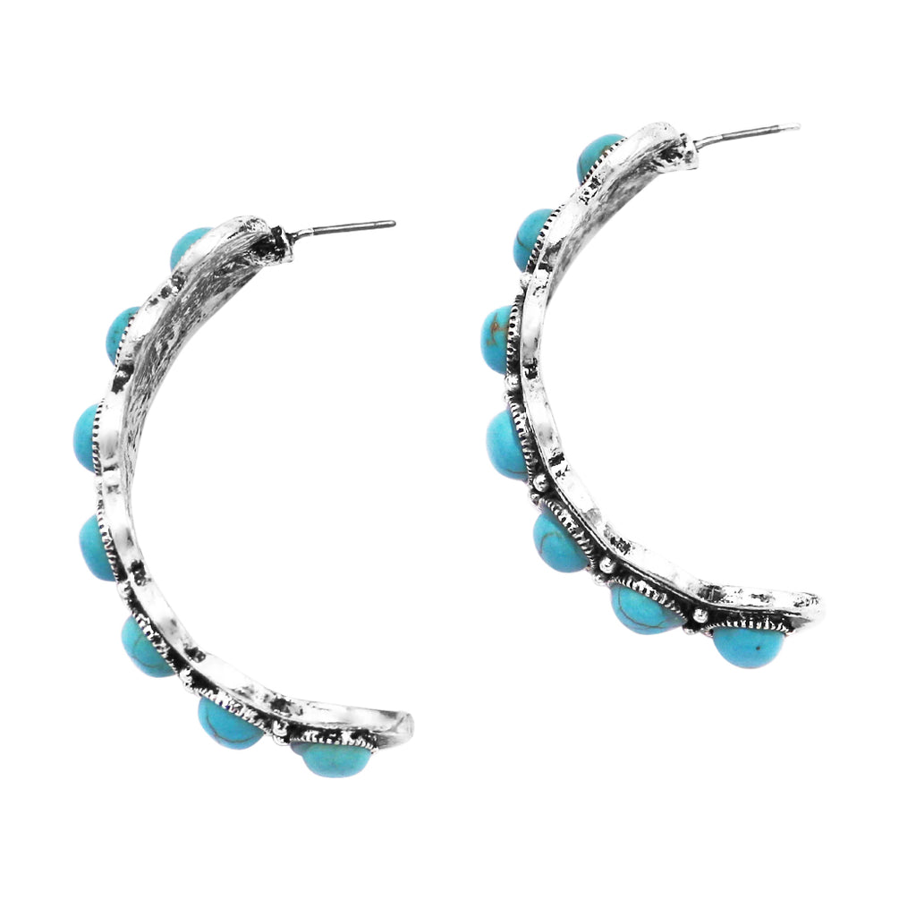 Western Semi Precious Howlite Stone Side Silhouette Chunky Hoop Post Earrings, 2" (Dyed Turquoise Howlite In Burnished Silver Tone)