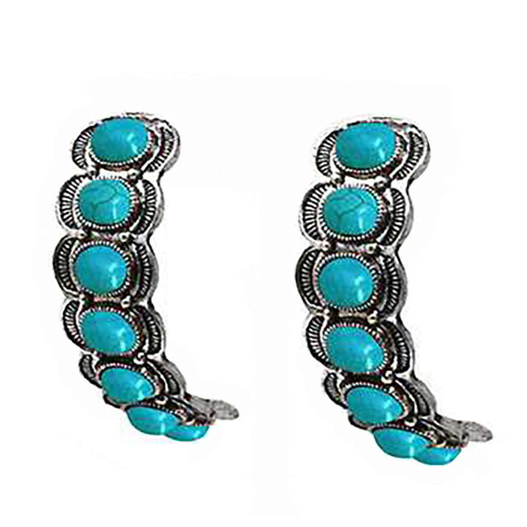 Western Semi Precious Howlite Stone Side Silhouette Chunky Hoop Post Earrings, 2" (Dyed Turquoise Howlite In Burnished Silver Tone)