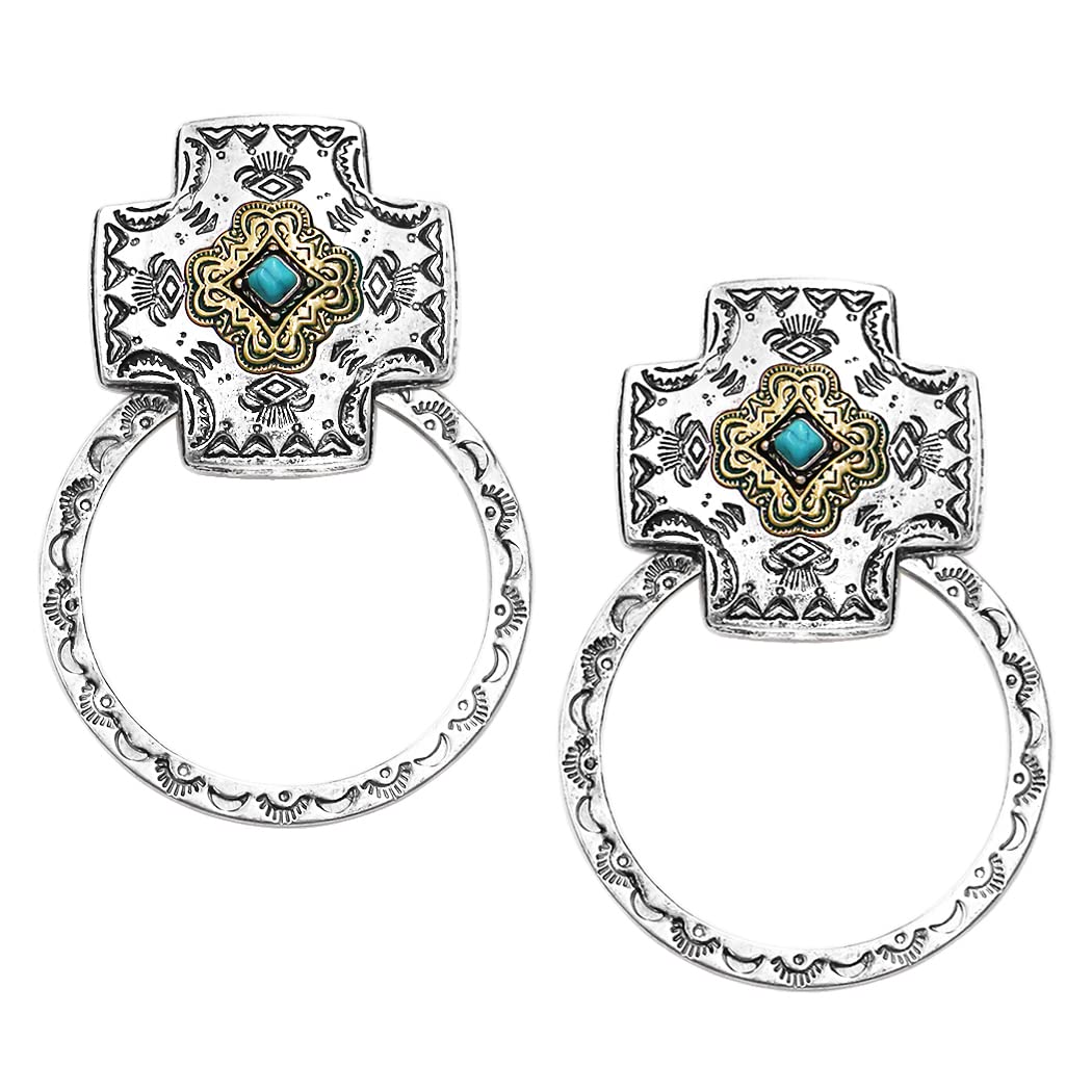 Unique Western Style Cross Howlite Center Two Tone Hoop Dangle Earrings, 3" (Turquoise Stone Burnished Silver With Gold Tone)